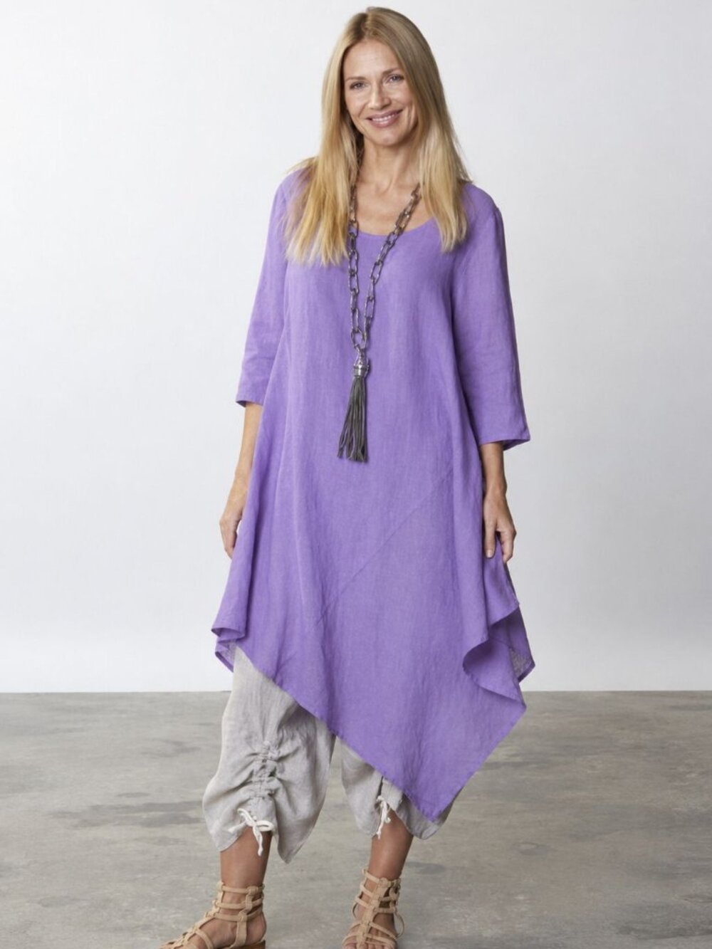 Bryn Walker Naida Tunic Size XS Allium Lavender 100% LINEN Asymmetric Lagenlook